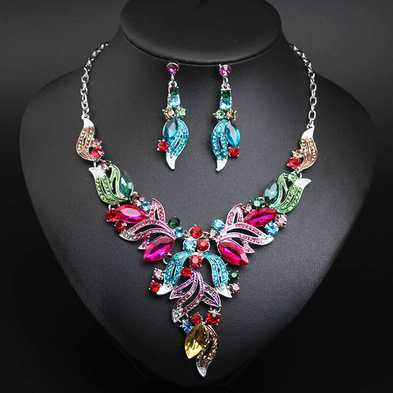 Crystal Women Statement Choker Bridal Necklace Earrings Jewelry Set Wedding Gift