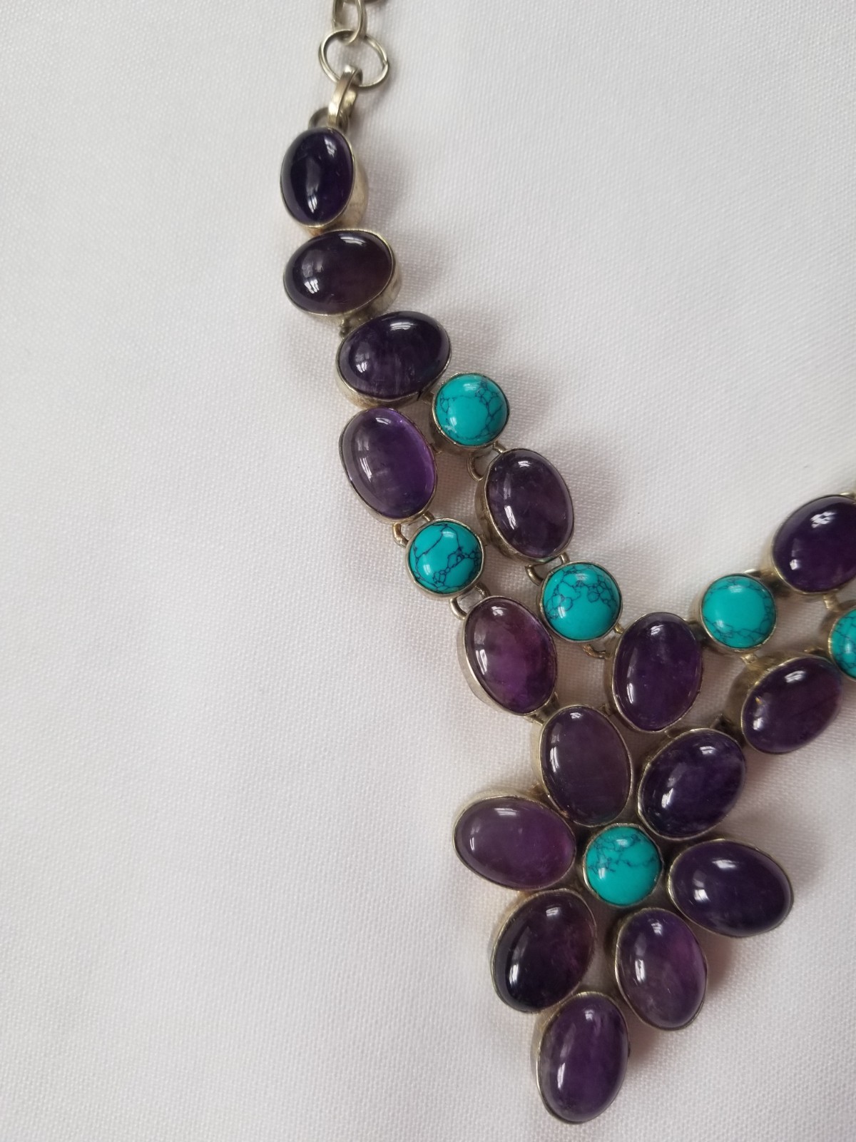 Multi Gemstone Flower Bib Statement Necklace Silver Amethyst Turquoise Handmade