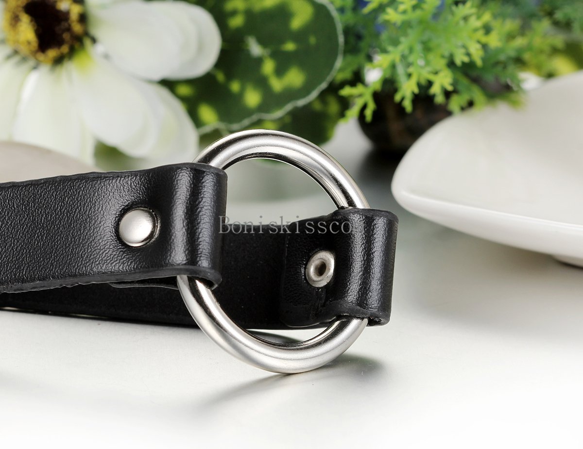 Punk Handmade Black Leather Choker Collar Necklace w Silver Tone Round Hoop