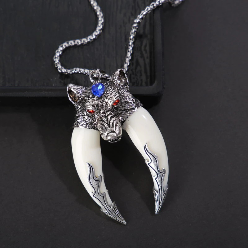 Men’s Fashion Jewelry Silver Wolf Tooth Ivory Pendant Necklace 455