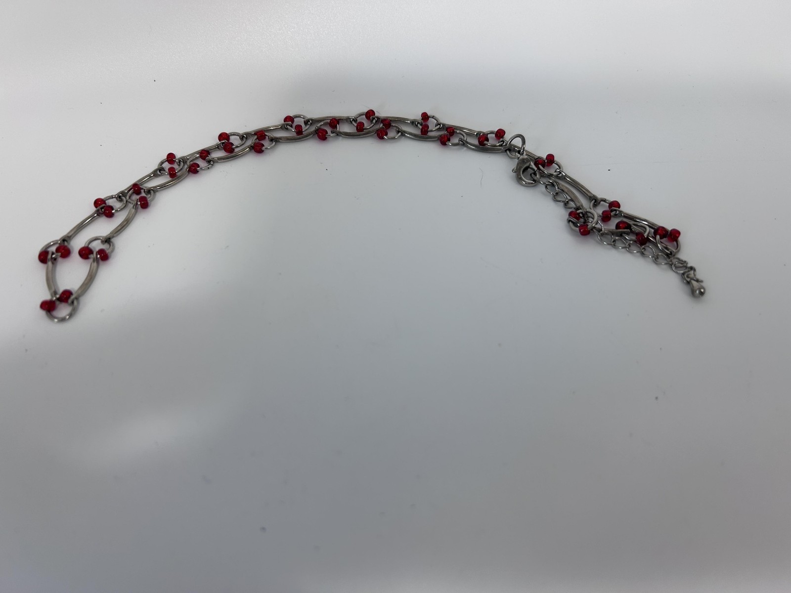 Necklace Silver Tone Red Glass Bead Station Curved Bar 18 Inch Lobster Clasp
