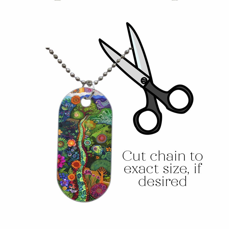 Faux Stained Glass Art Print Moon & Cat Dog Tag Necklace Military Size Dog Tag