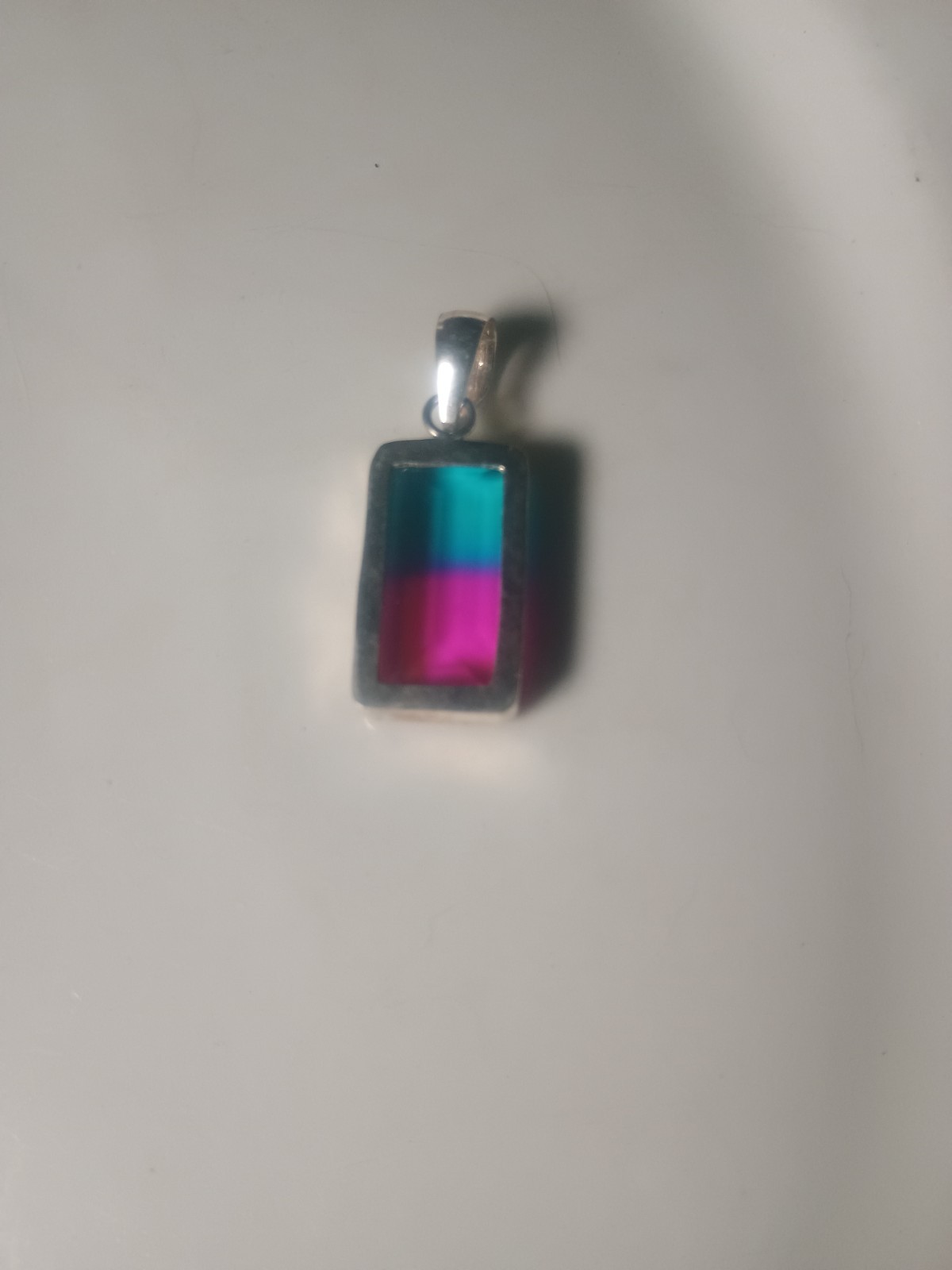 Pendant Tourmaline Bi-Color Gemstone set in Silver Plated Rectangular Shape