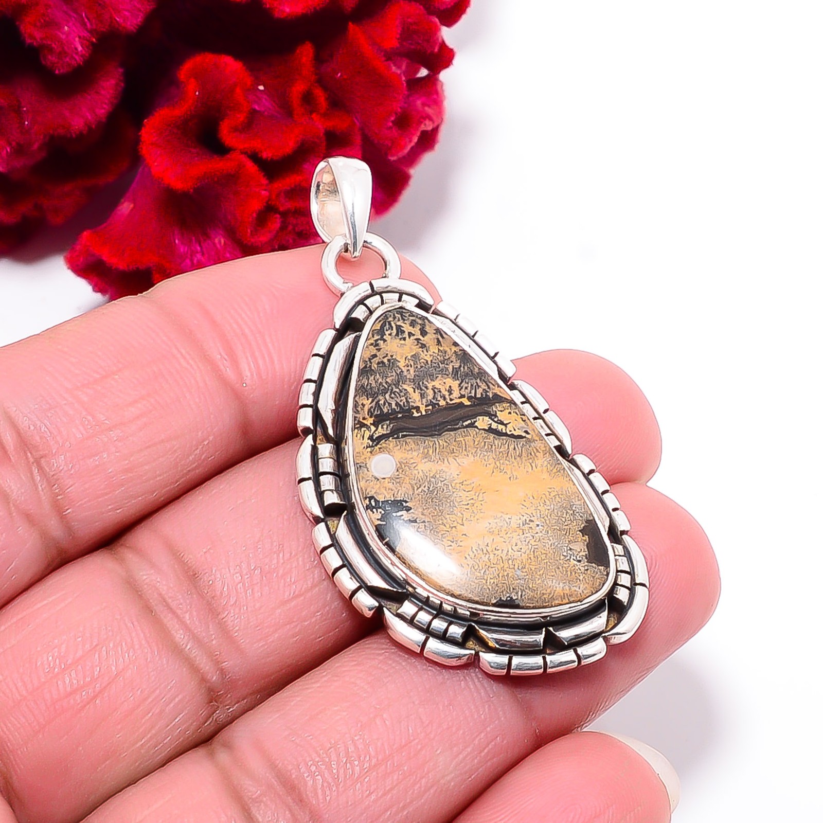 Honey Dendritic Opal – Mexico 925 Sterling Silver Pendant 2.03″ P102143