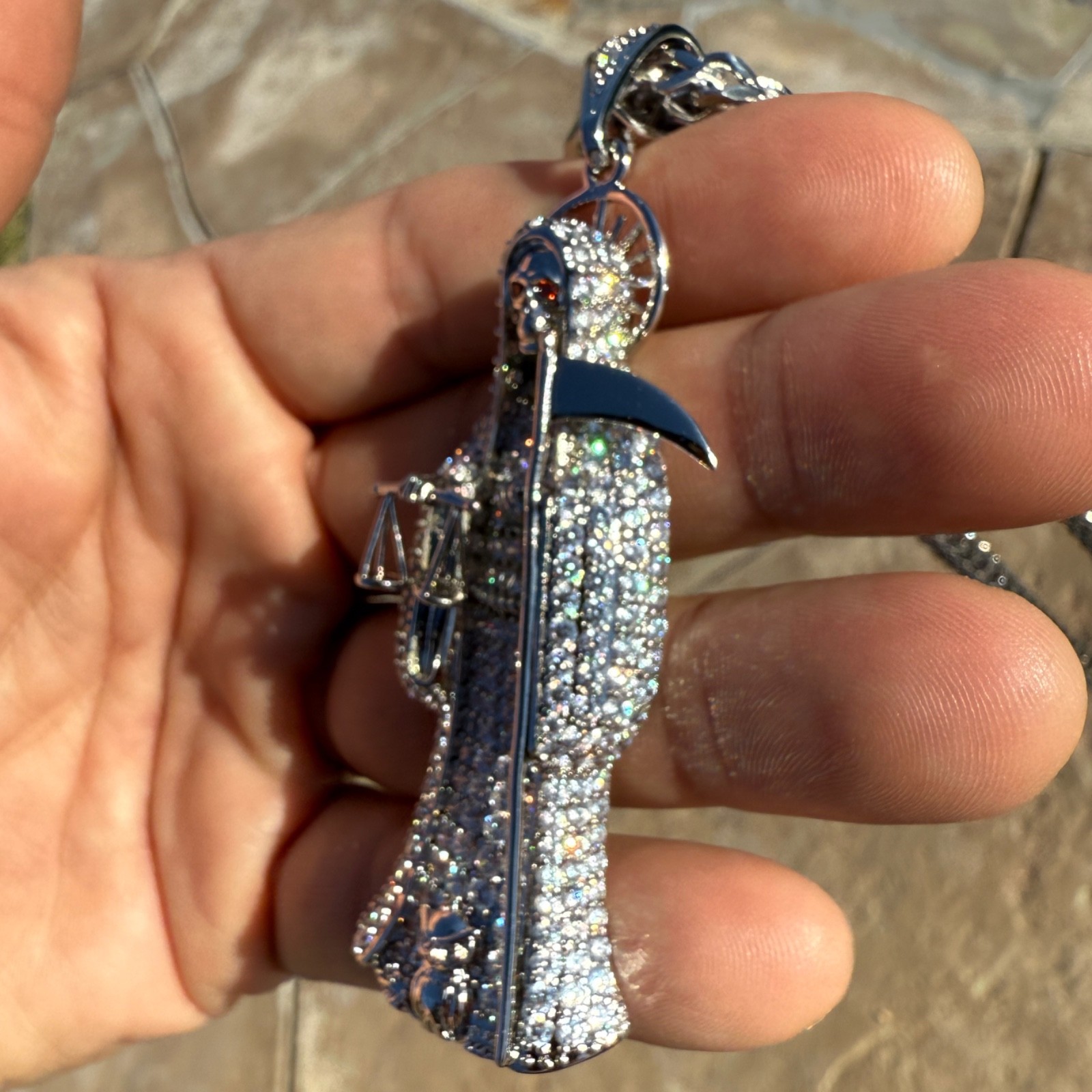La Santa Muerte Pendant Cadena 3.5″ w/Stainless Steel Franco Chain Necklace 30″