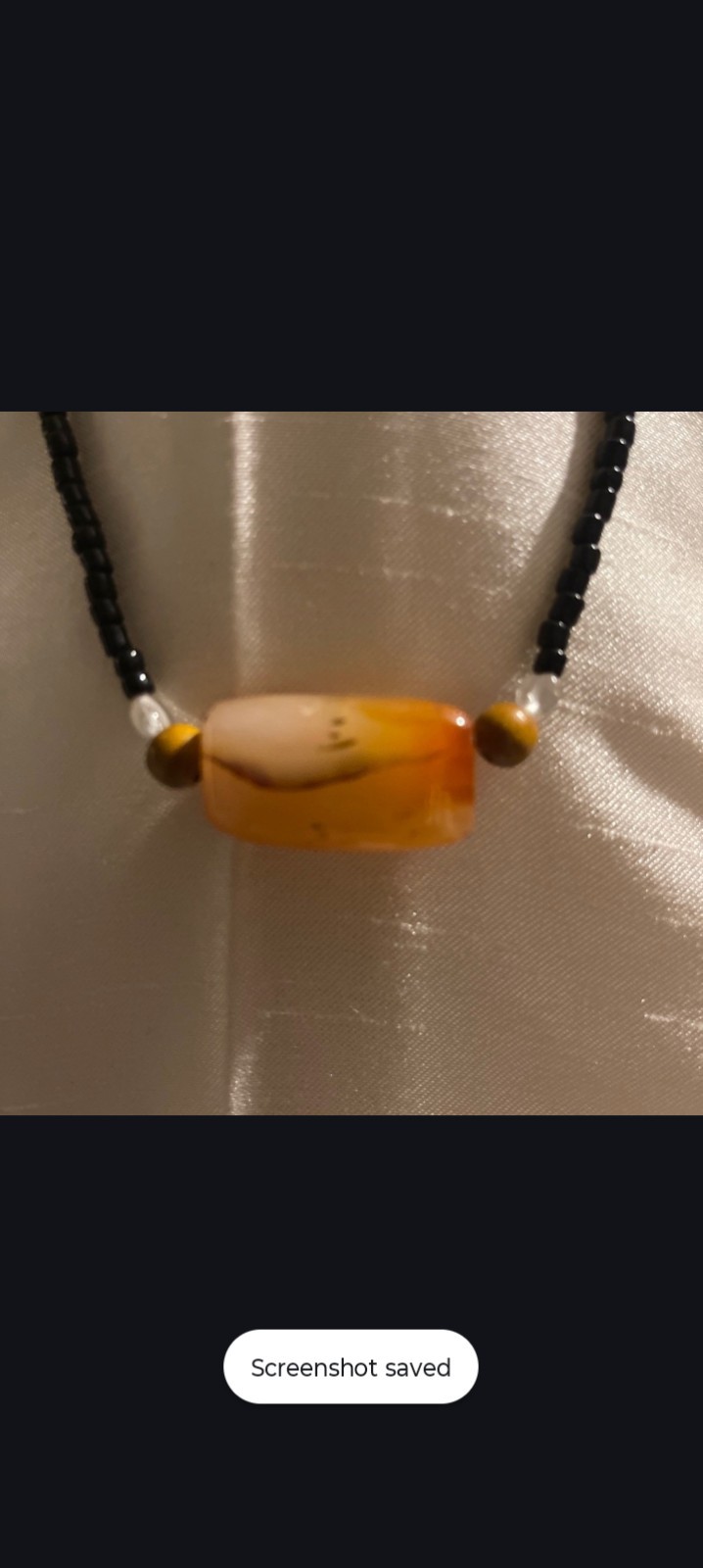 Black Beaded Ball Chain Necklace w/ Orange Rectangle Pendant Charm, Stone Glass