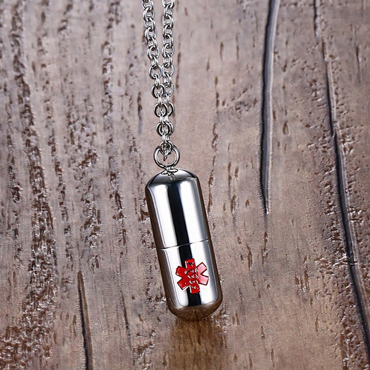Stainless Steel Pill Shape Keepsake Holder Medical Alert ID Pendant Necklace 20″