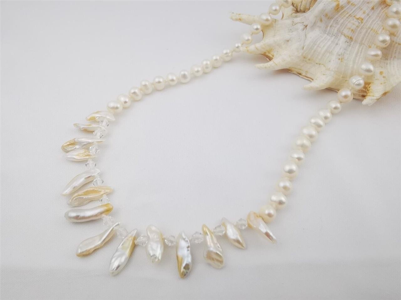 6-7mm white freshwater pearl Biwa stick pearls statement necklace 17″ jewelry