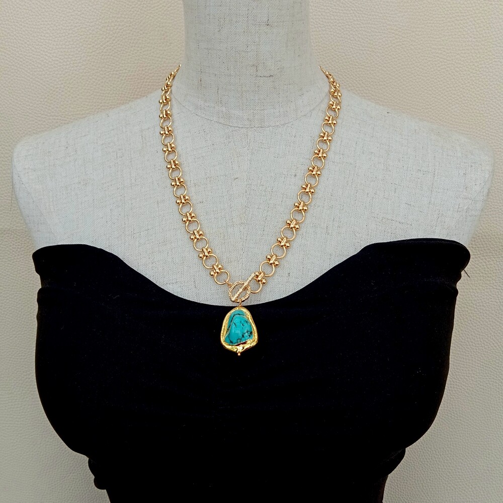 22x28mm Blue Turquoise Pendant Gold Plated Chain Chokers Necklace
