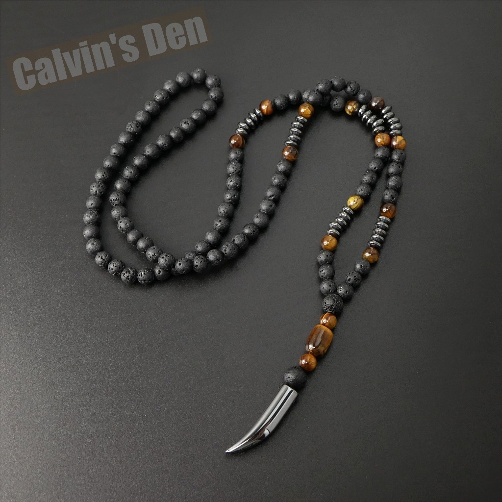 Lava Stone Tiger Eye Black Hematite Tooth Fang Pendant Necklace Men Gift Sleek