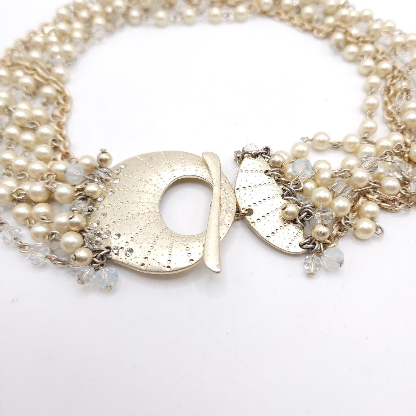 Alan Schwartz Multi Strand Faux Pearl Crystal Necklace Gold Tone Toggle 19in