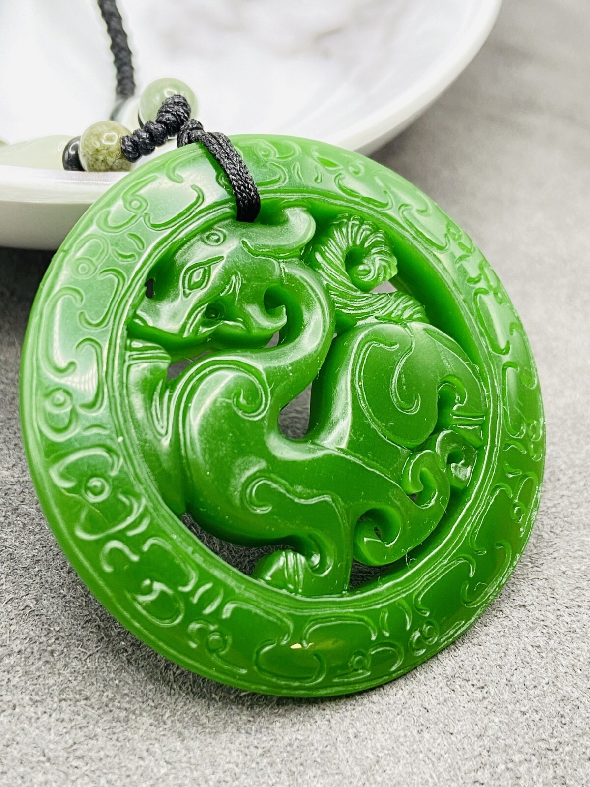 Jade Dragon Charm Pendant Necklace W/ Beads Cord Handmade Carved Green Gemstone
