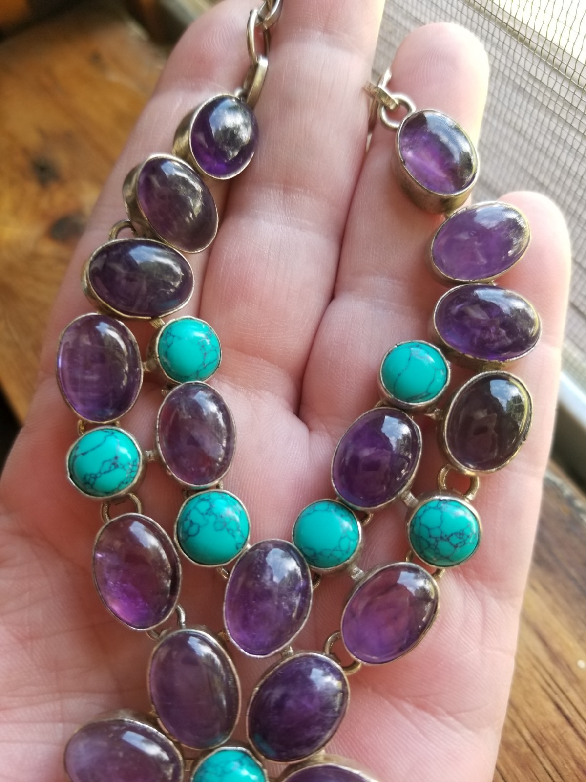 Multi Gemstone Flower Bib Statement Necklace Silver Amethyst Turquoise Handmade