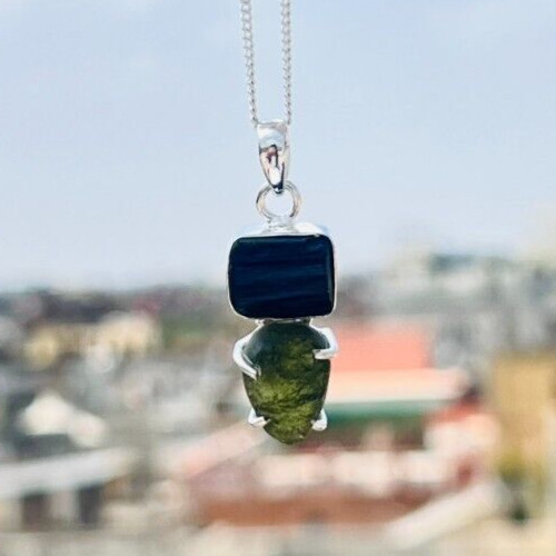 Moldavite with Tourmaline Pendant Handmade Jewelry 925 Silver Pendant for women