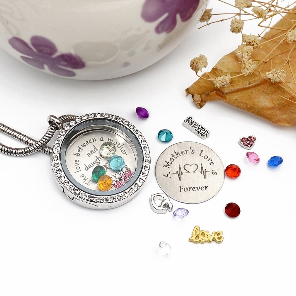 Mom Love Gift, Mother Memory Floating Locket with Birthstones Charm