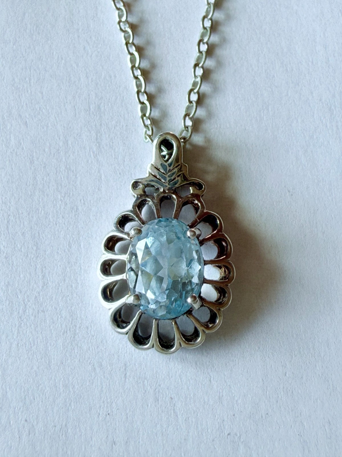 Vintage Faceted Pale Blue Pendant Necklace w/ 18″ Silver Toned Chain