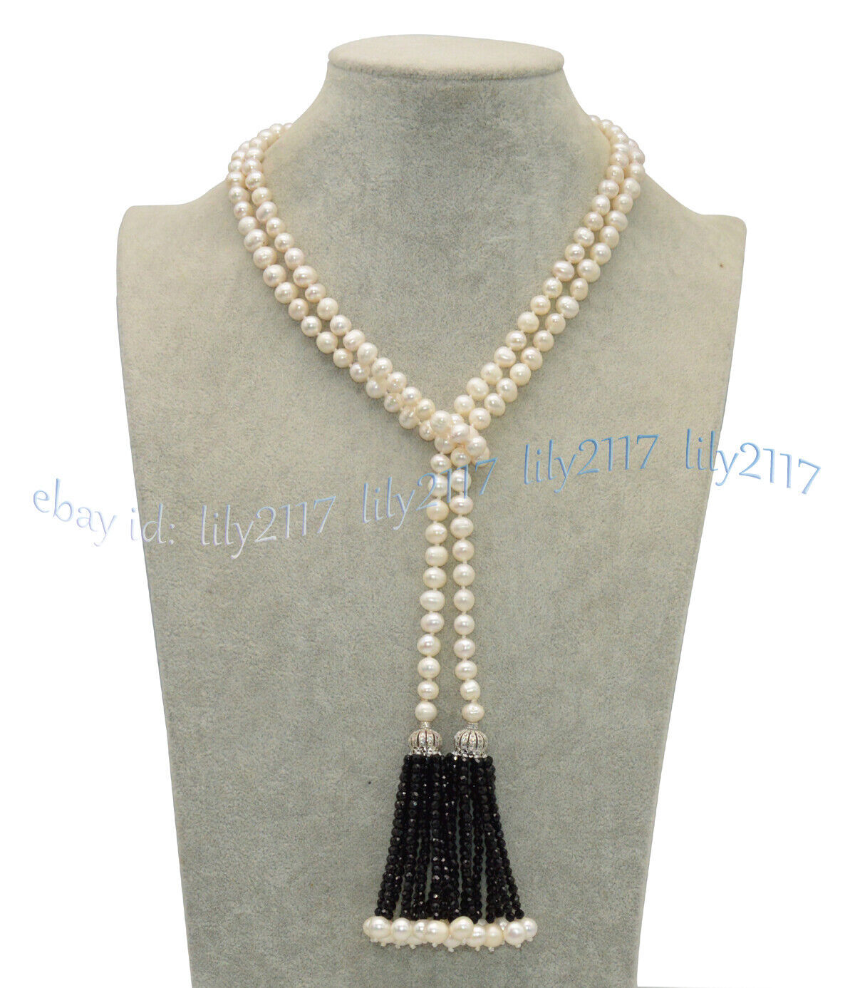 7-8mm Natural White Freshwater Pearl Black Spinel Tassel Pendant Scarf Necklace