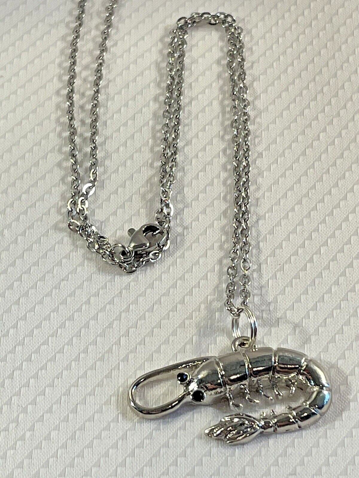 Shrimp Sea Life Silver Necklace 20” Stainless Coastal Fashion Jewelry NEW