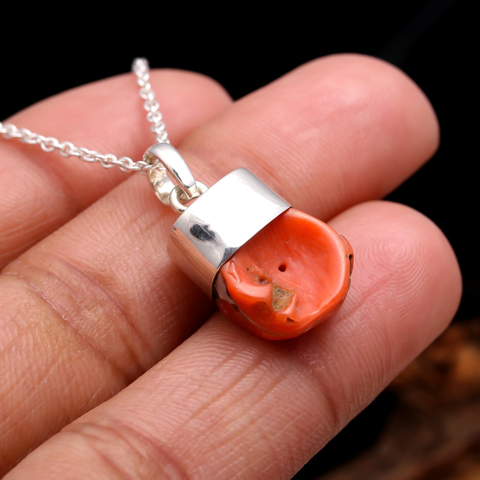 100% Natural Italian Red Coral Rough Chain Pendant 925 Sterling Silver Jewelry
