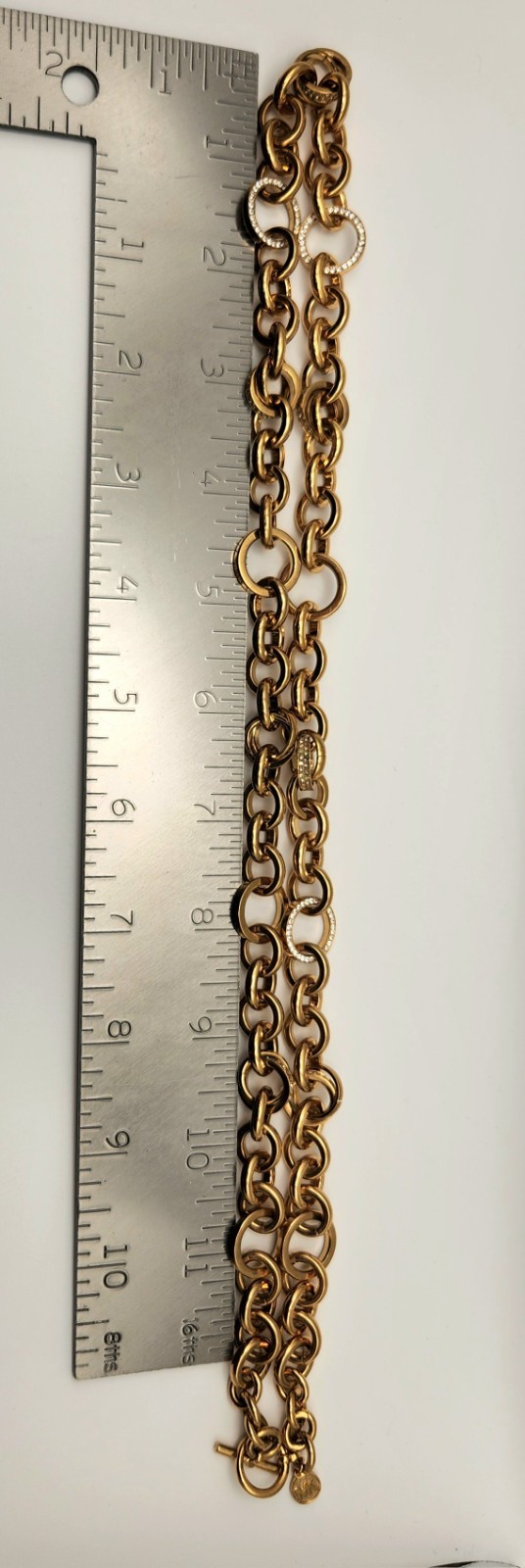 Michael Kors Gold Tone 26″ Rolo Link Necklace Crystal Pave Toggle Statement