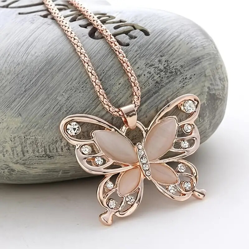 Butterfly Pendant Necklace Rose Golden Color Long Sweater Chain
