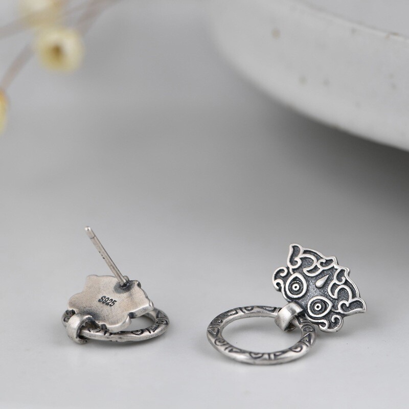 THAI Door Knocker Earrings Ornate Dangle Hoop Vintage Stud S925 Sterling Silver