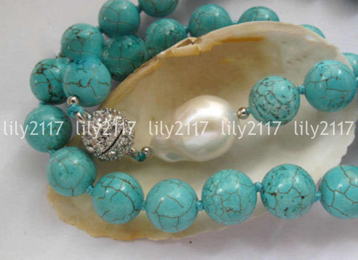 Natural Turquoise Round Gemstone Beads White Baroque Keshi Pearl Necklace 6-12mm