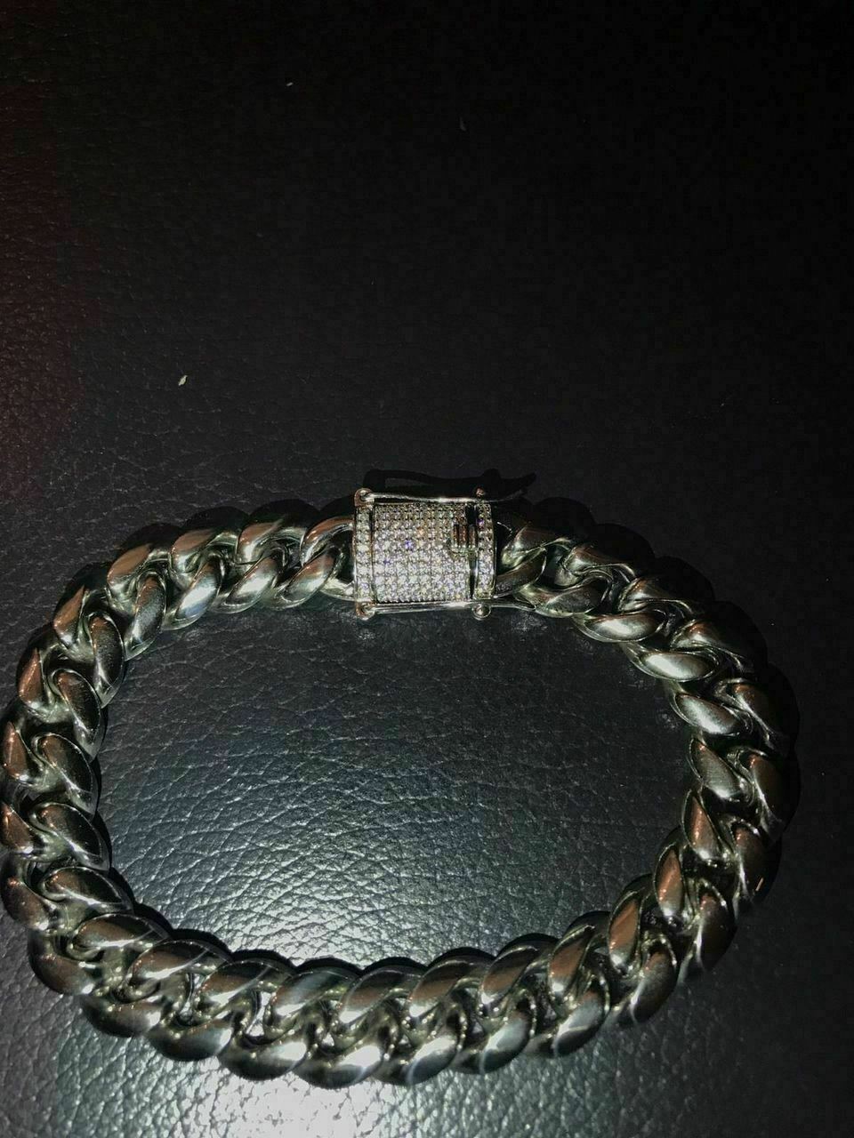 Cuban Miami Silver Bracelet & Chain Set Stainless Steel 925 Simulated Diamond