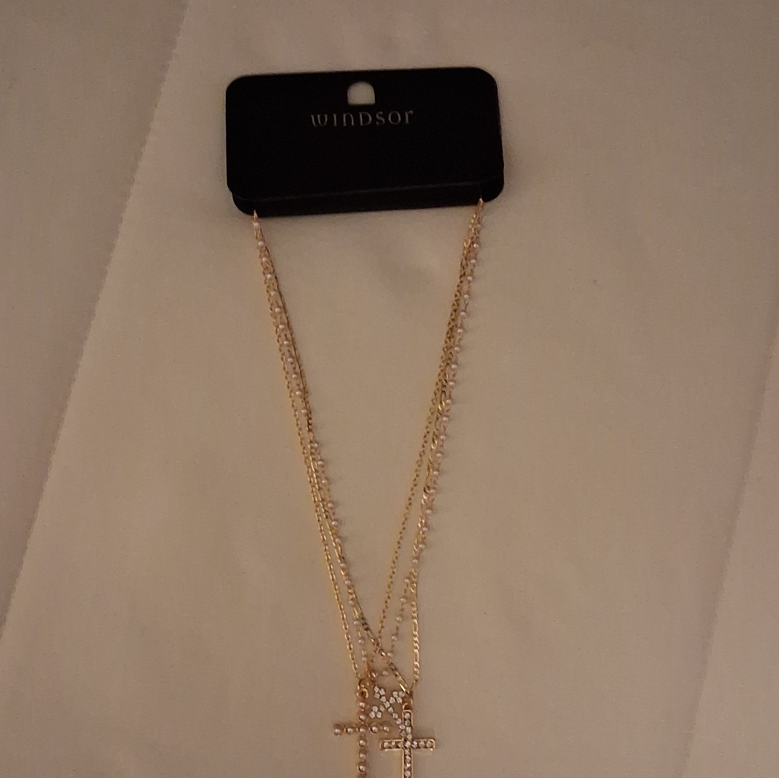 Windsor Gold Tone Layered Cross Charm Pendant Necklace Clear Rhinestone Pearl