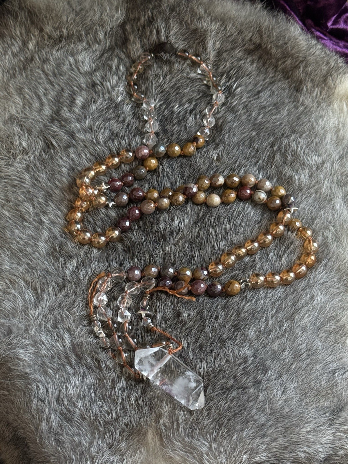 Clear quartz mookaite Jasper citrine Smokey quartz beaded mala necklace pendant