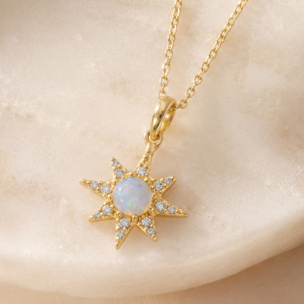 14 Karat Gold Plated CZ Star and Synthetic Opal Necklace