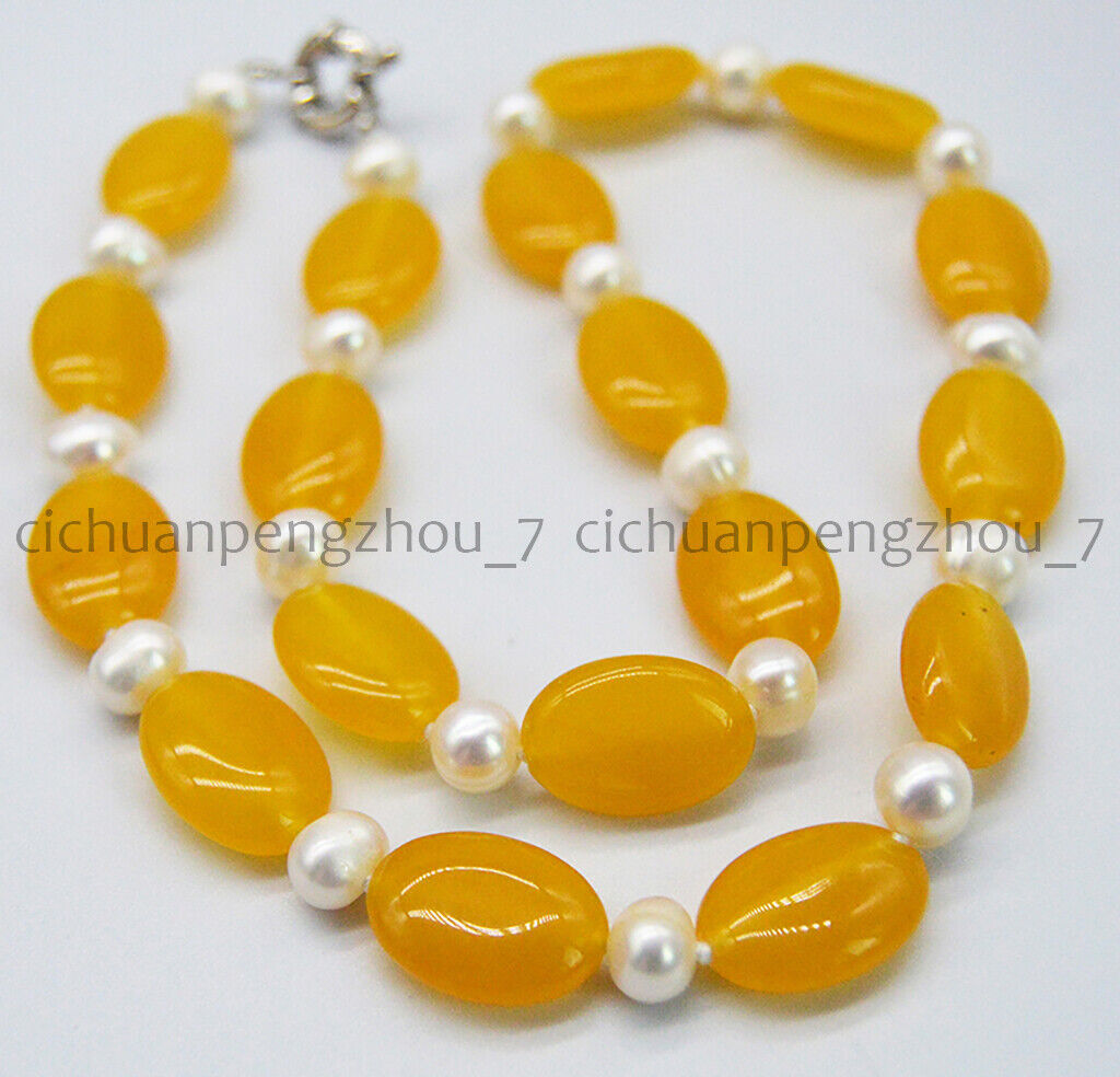 Natural 7-8mm White Freshwater Pearl 13x18mm Oval Yellow Topaz Necklace 14-36”