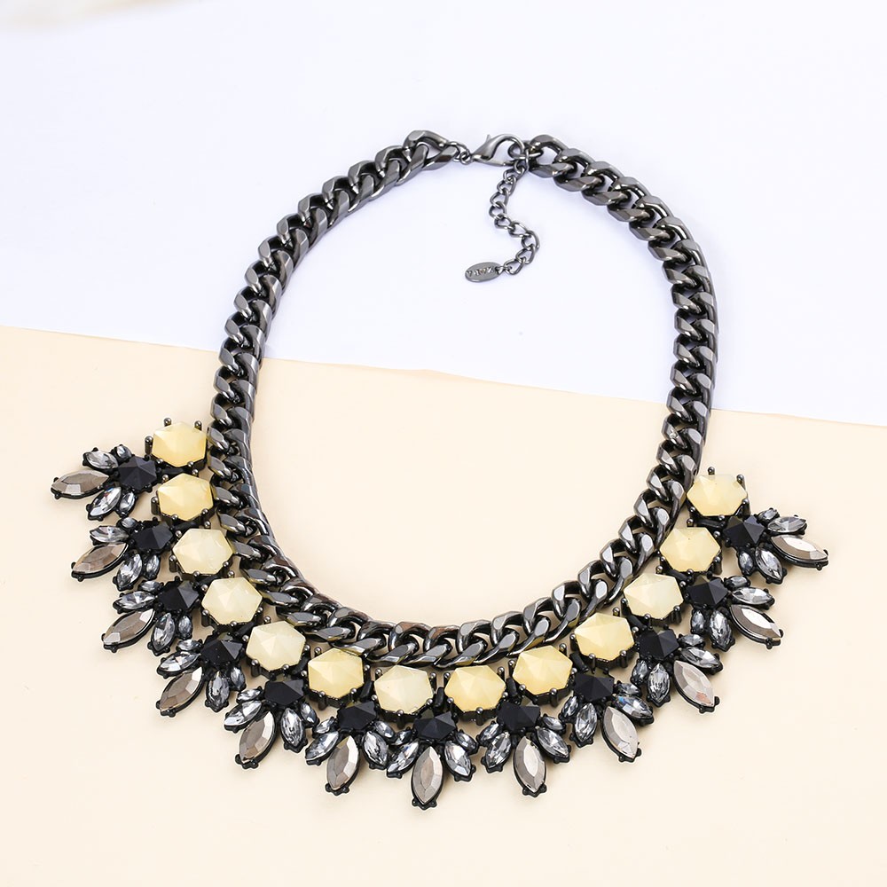 Bold Black Gold Plated Synthetic Stone Bib Choker Statement Necklace For Ladies