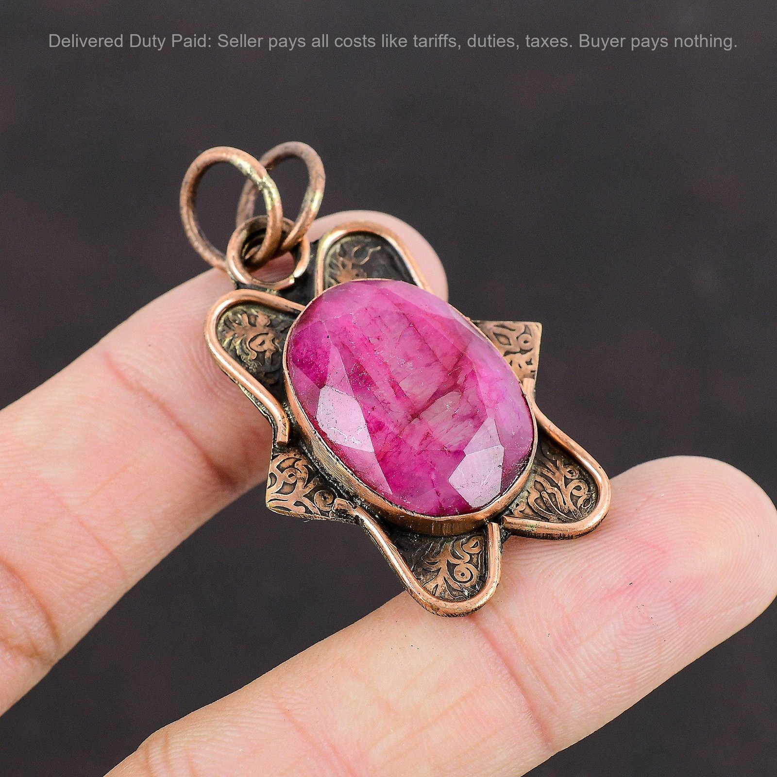 Copper Oval Kashmir Rubi Stone Daughter Art Deco Boho Engagement New Pendant