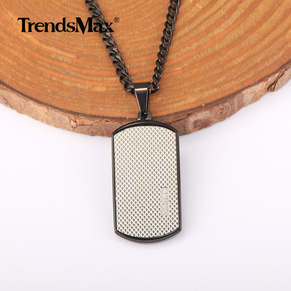 Silver Stainless Steel CZ Dog Tag Pendant Necklace Army Military Graduation Gift