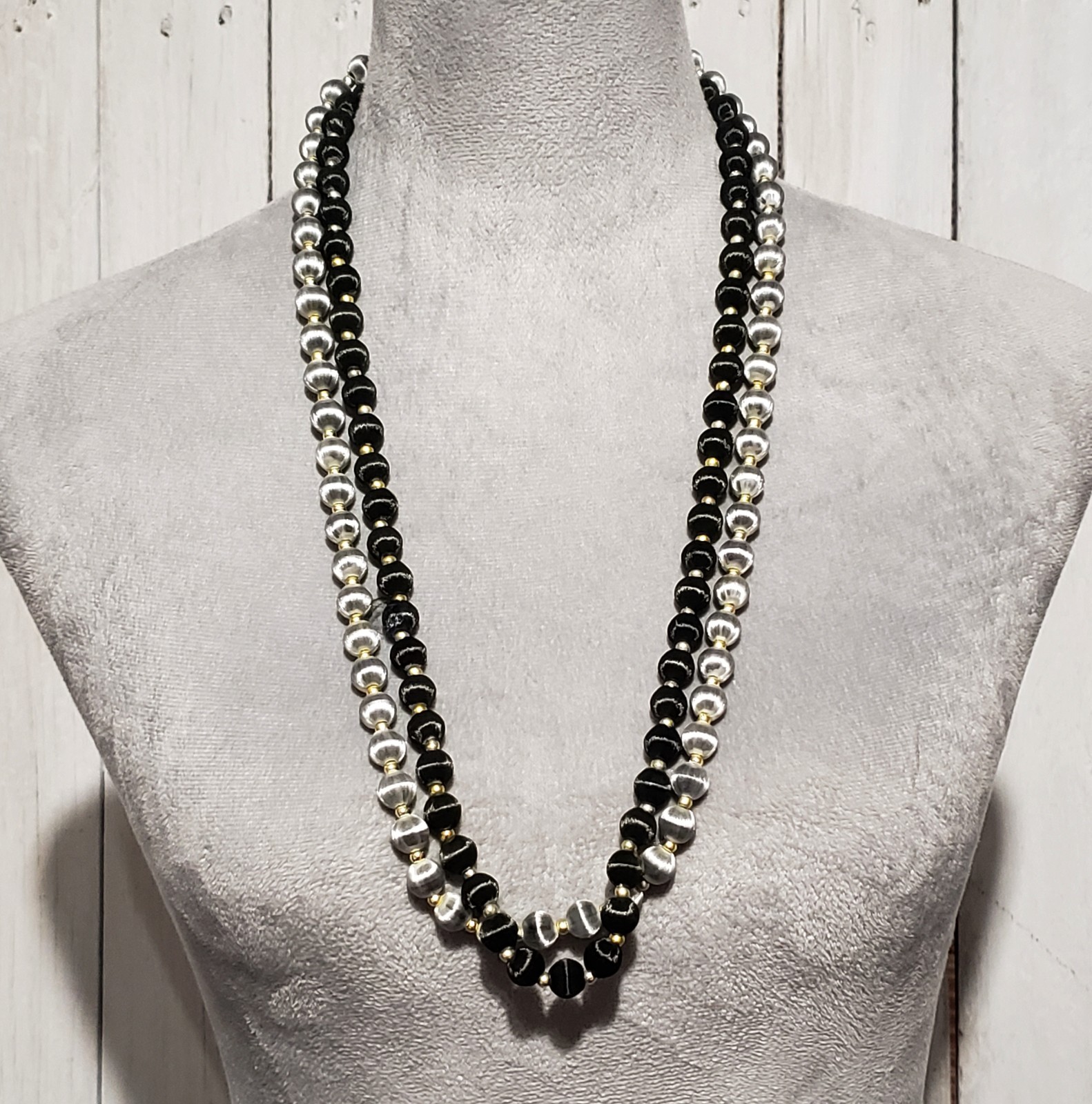Vtg Bead Necklaces Set of 2 Black Gray Silk Satin Wrapped Boho Whimsigoth Retro