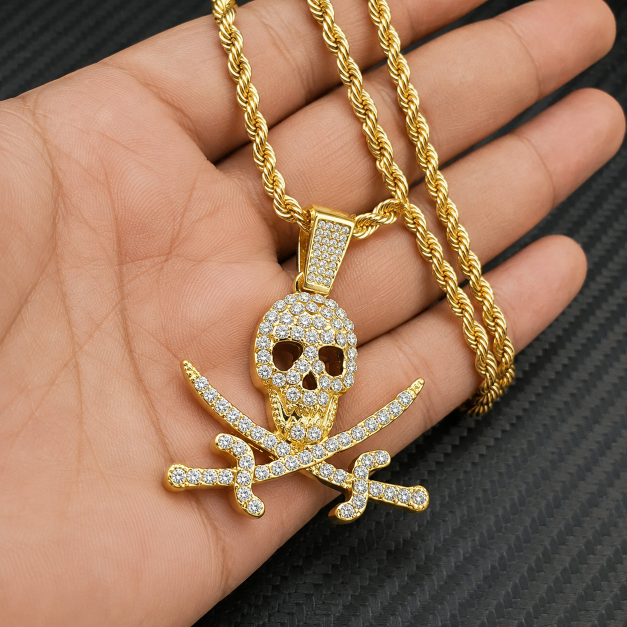 Hip Hop Iced Skull Crossbones Pendant Gold Tone CZ 24in Rope Chain Necklace