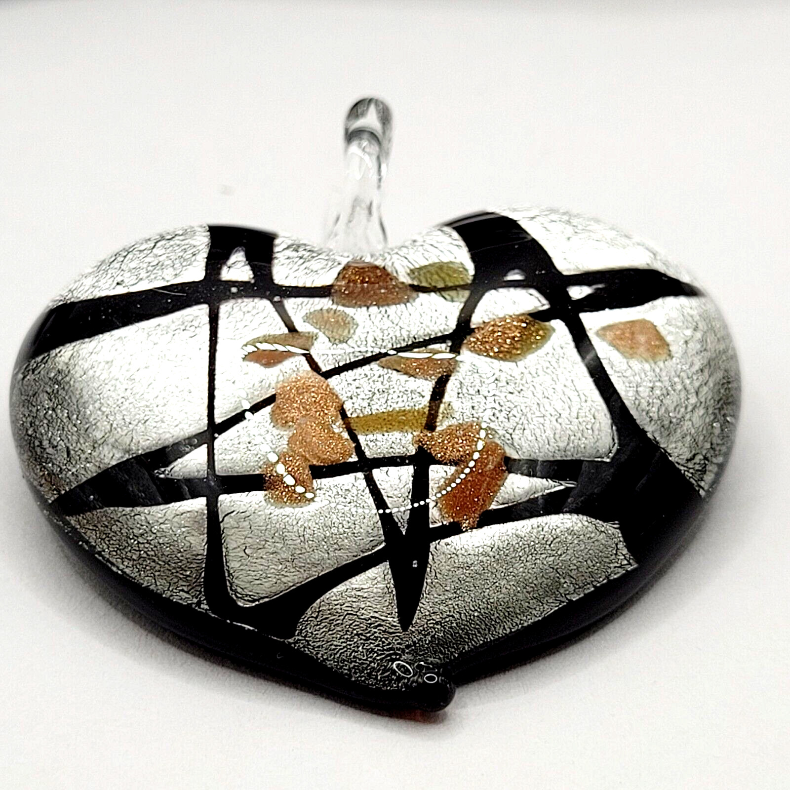 Artisan Modern Art Glass Heart Pendant Silver Black Gold Color Foiled Glitter