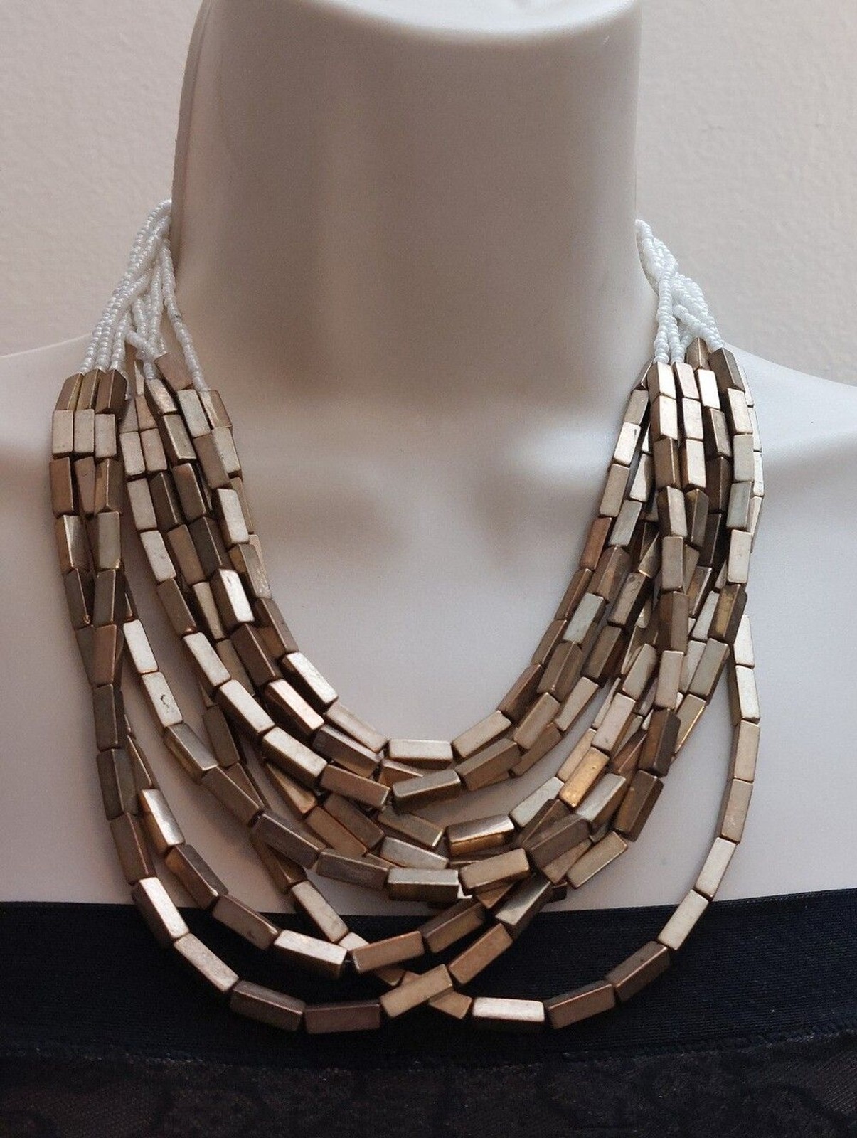 White Seed Beads And Gold Tone Bar Beads Cascading Layerers Multistrand Necklace