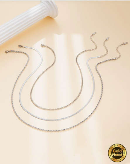 Layered Gold Plated Stainless Steel Necklace 3 Necklaces Snake Rope Twist Chains