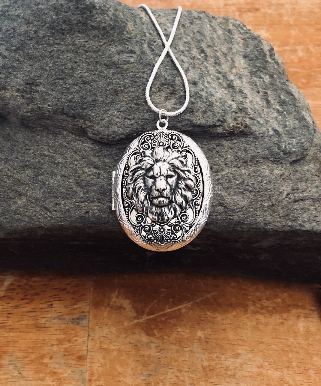 Lion Head Locket Necklace Art Nouveau Photo Pendant, 925 Sterling Silver Chain