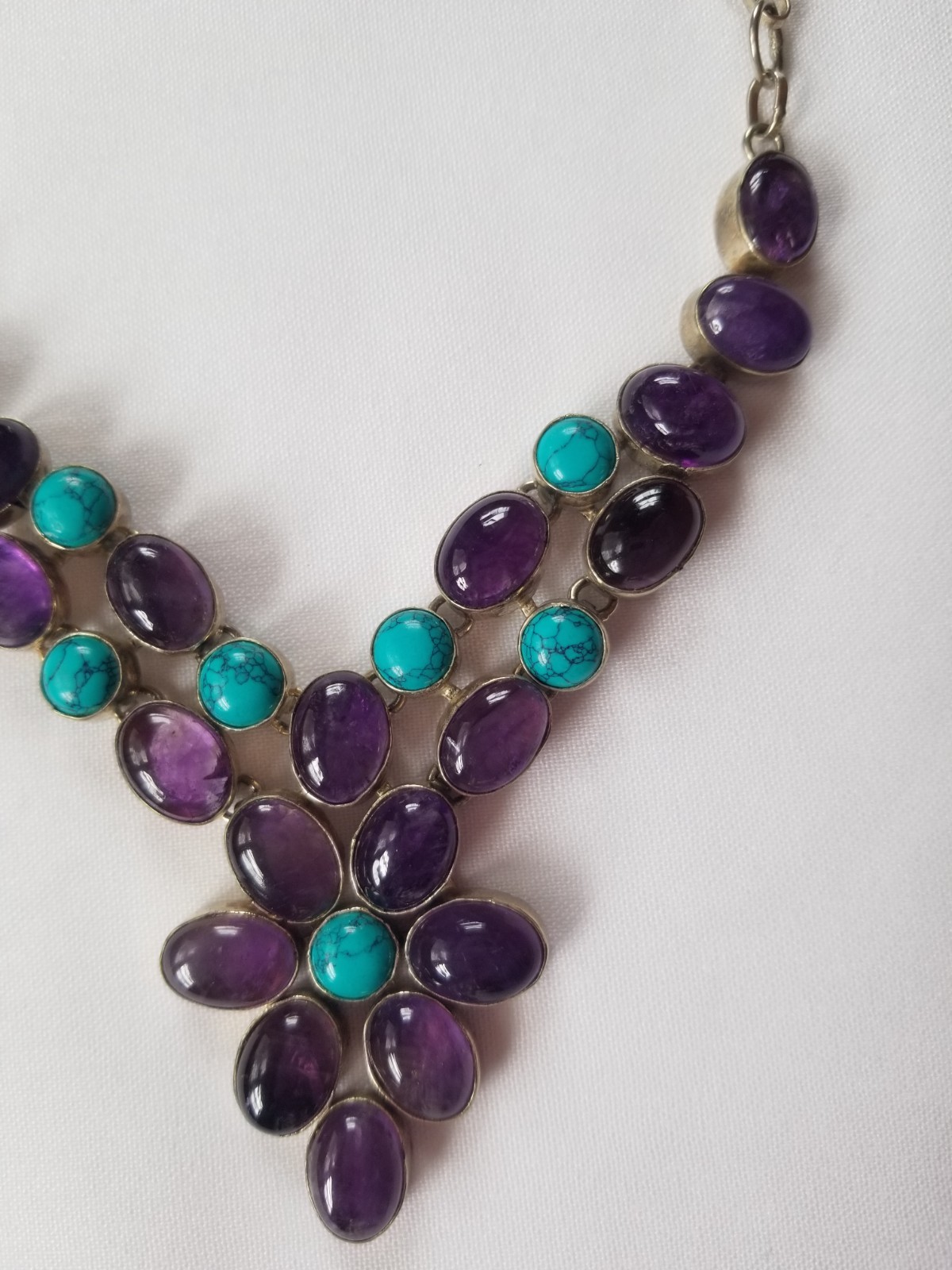 Multi Gemstone Flower Bib Statement Necklace Silver Amethyst Turquoise Handmade