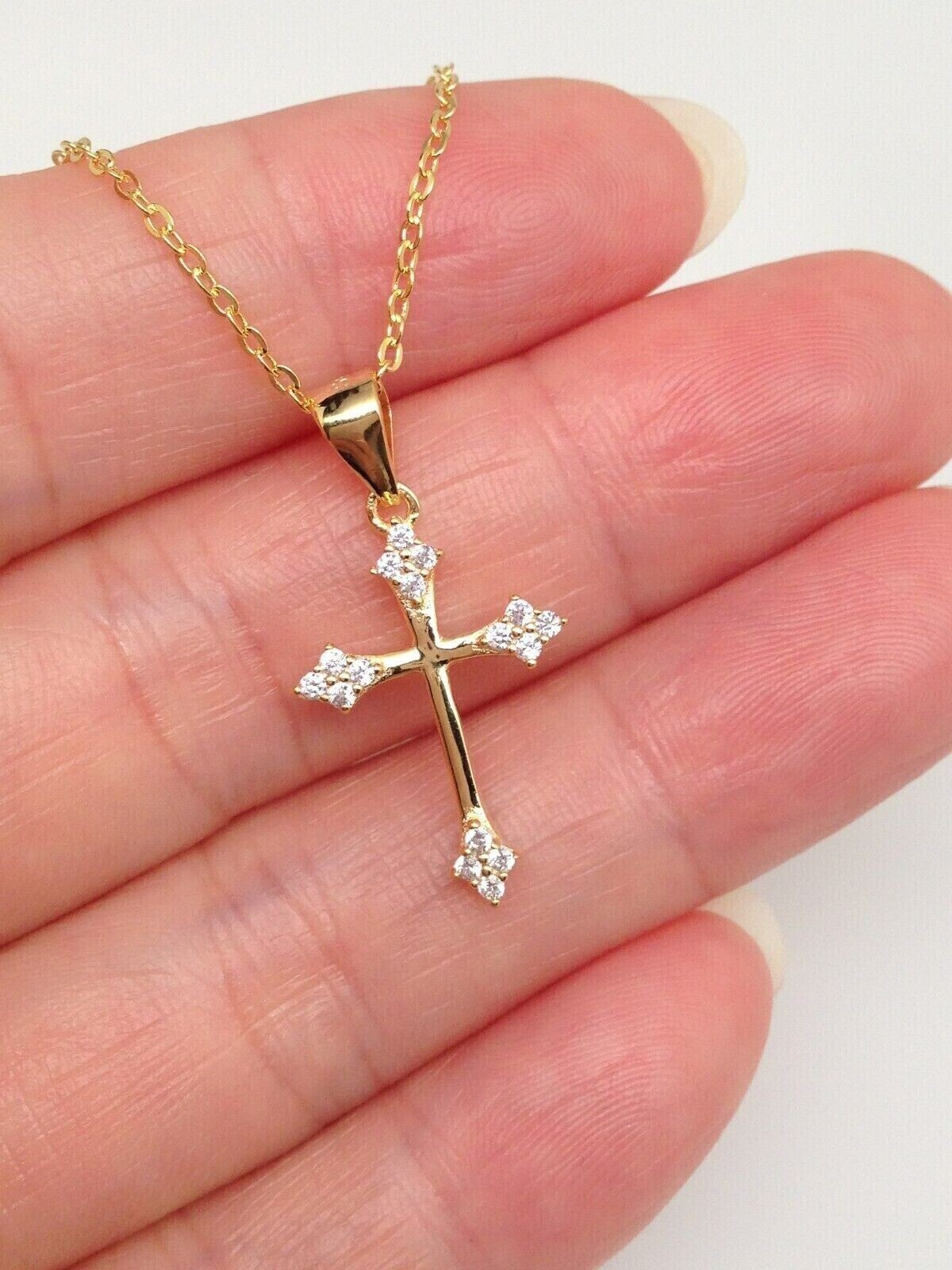 925 Sterling Silver Tiny Cz Cross Gold Pendant Necklace Womens 17mm/0.67″ 16-18″