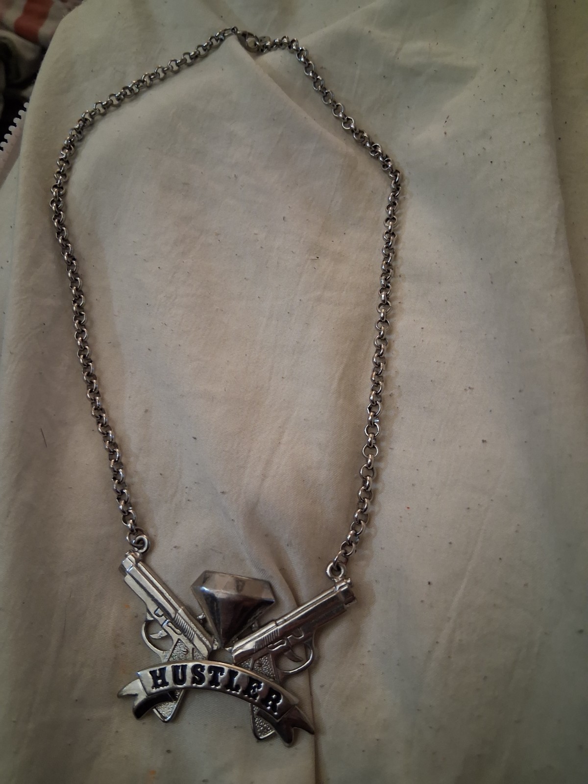 Silver Tone Cable Chain Necklace “HUSTLER” Pendant Charm w/ Crossed Pistols