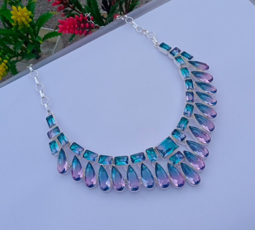 Beautiful Bi-Color Gemstone 925 silver Handmade Adjustable Necklace Jewelry
