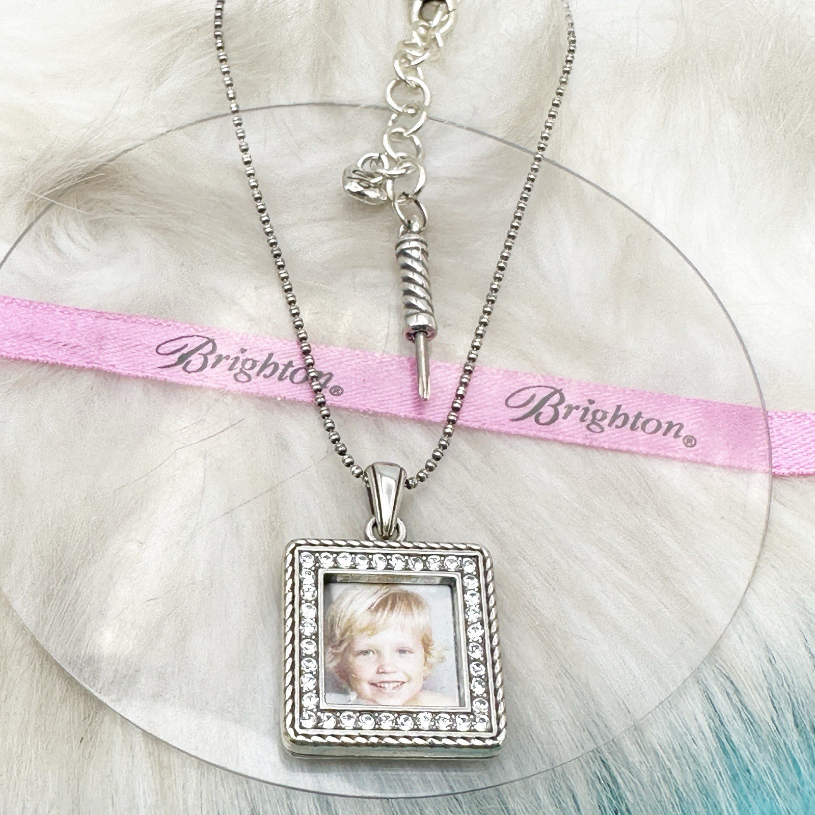 Brighton Momento Crystal Square Photo Locket Pendant Silver Plate Necklace