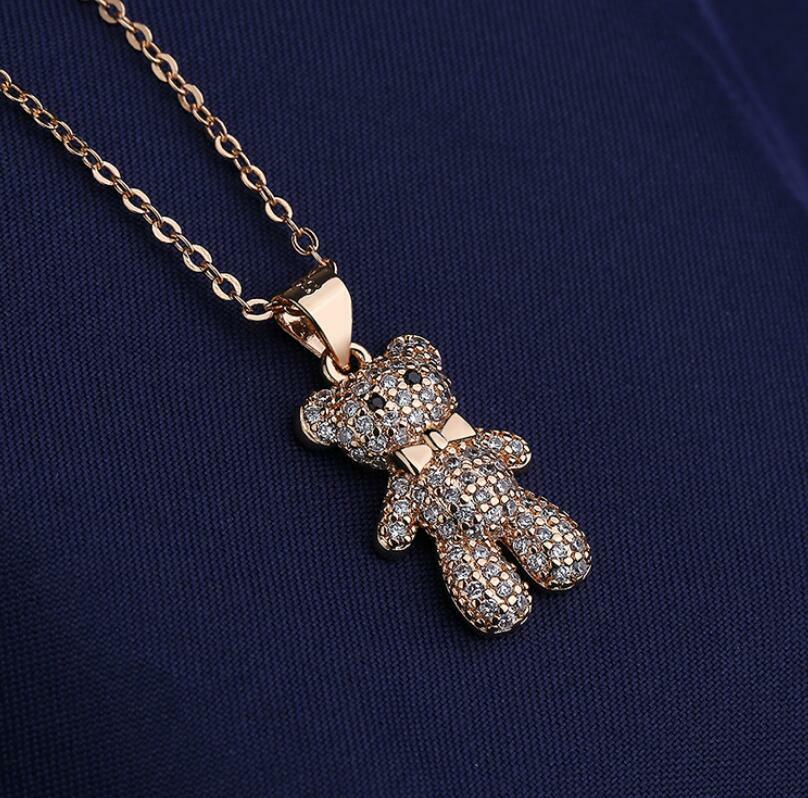 Elegant Teddy Bear Rose Gold Pave Cubic Zirconia Pendant Chain Necklace