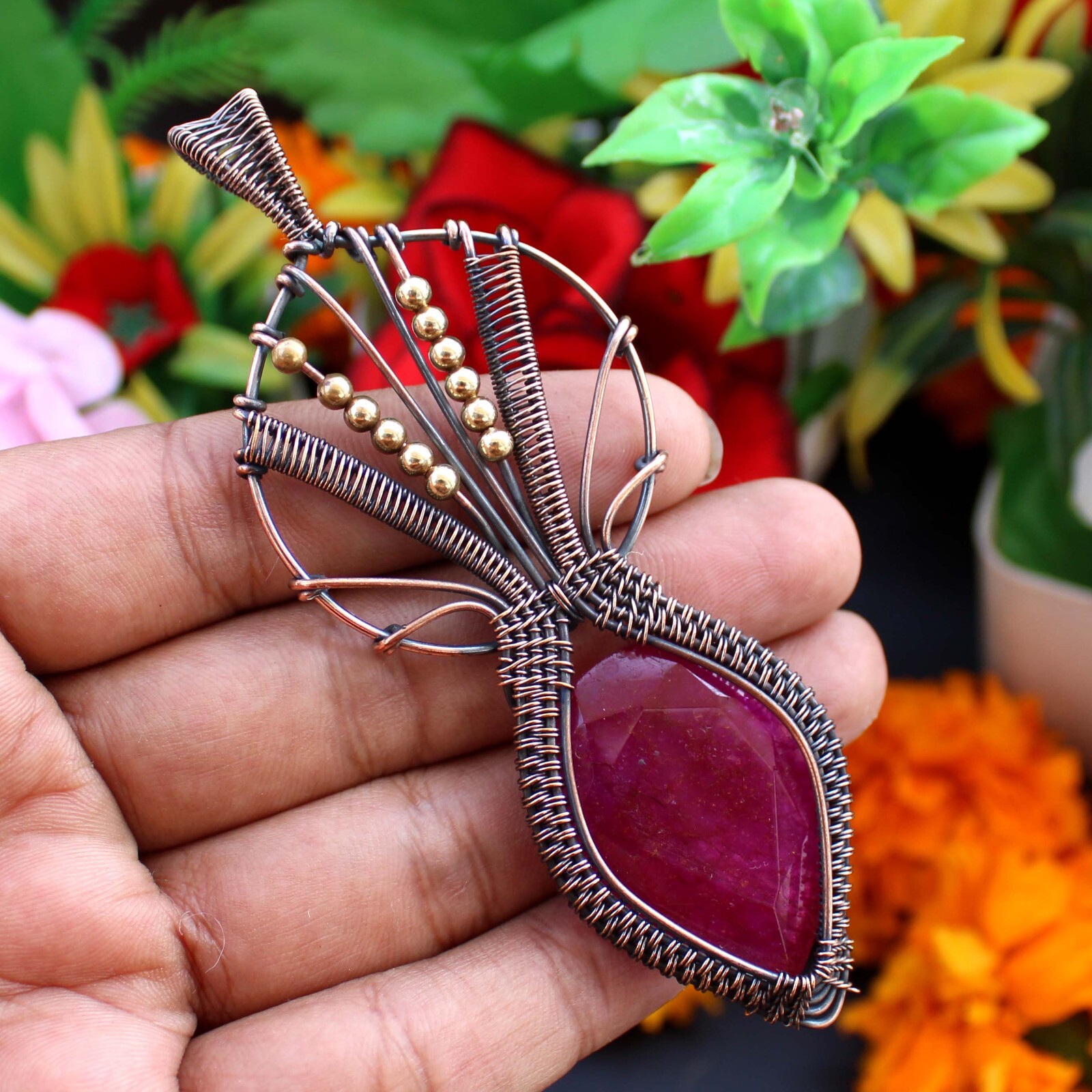 Kashmiri Ruby Handmade Pendant Copper Wire Wrapped Pendant Ruby Gemstone Jewelry
