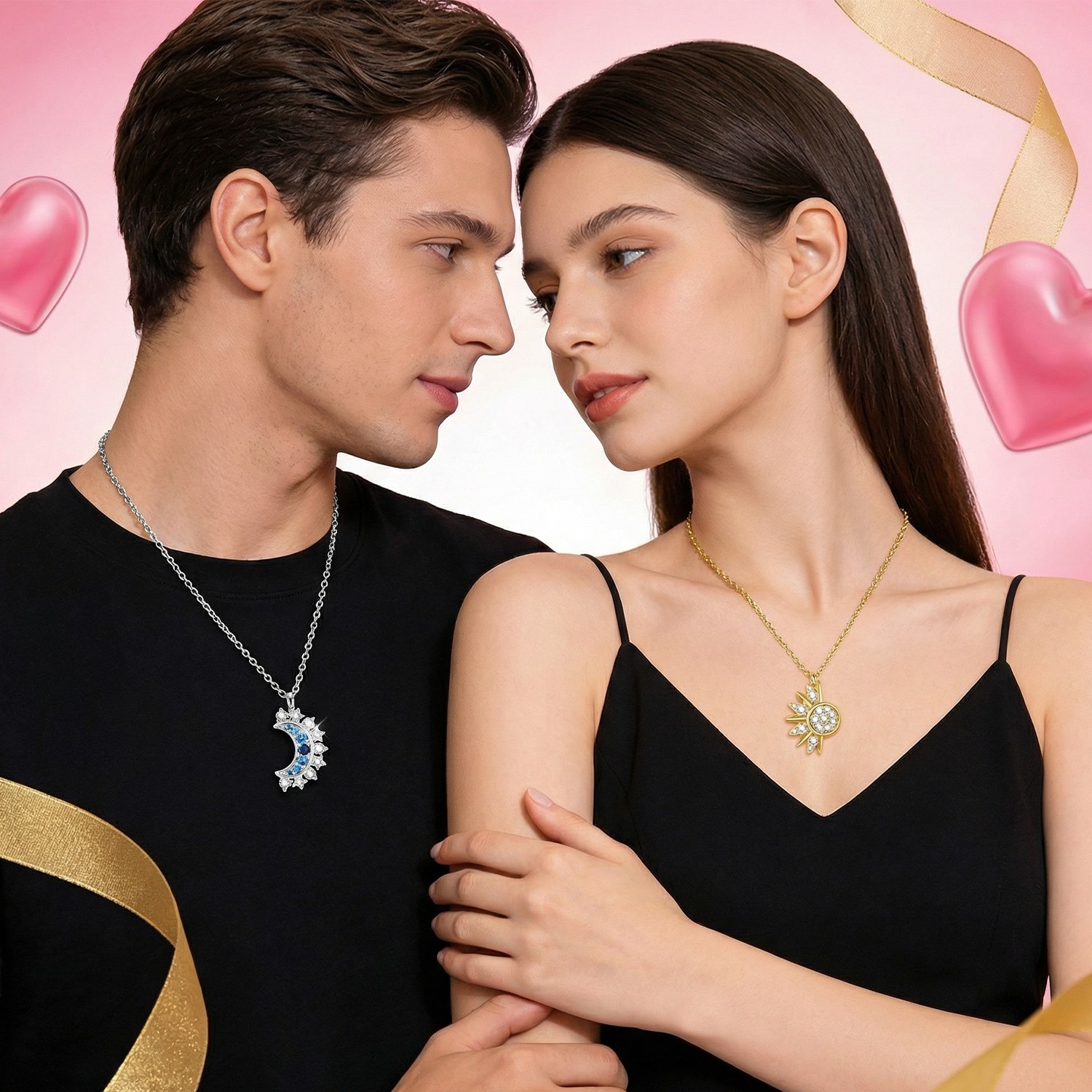 Blue Gemstone Sun & Moon Matching Necklace Set Magnetic & Adjustable Stainless