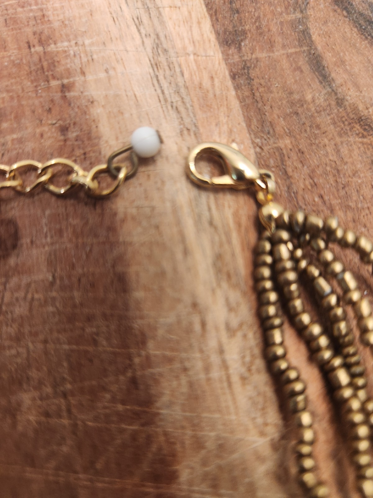 Multi-Strand Gold-Tone Beaded Necklace Brown White Adjustable Lobster Boho